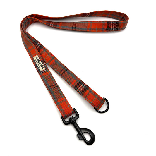 Plaid dog leash with black clip on a white background