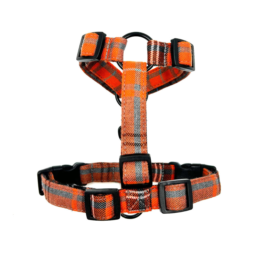 Plaid dog harness with reflective stripes on a white background handmade by Barkley and fetch uk