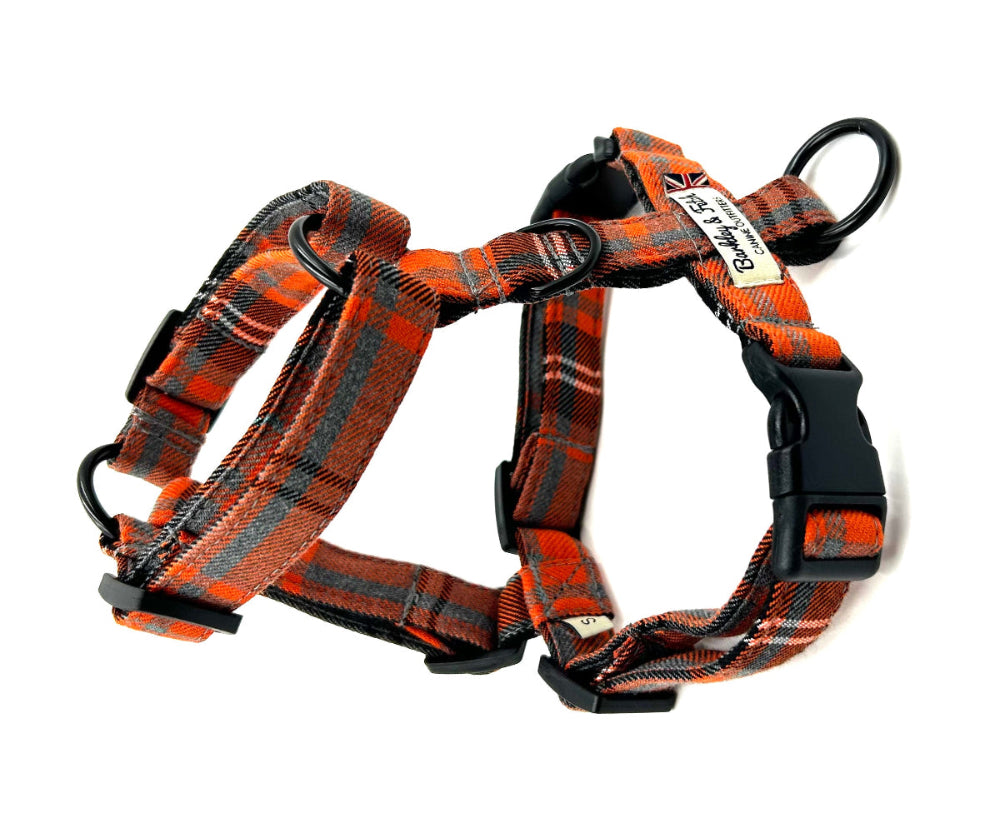 Plaid dog harness with black hardware on a white background handmade by Barkley and fetch uk