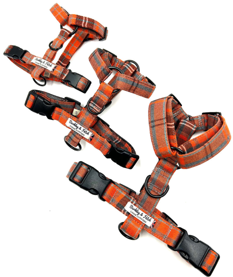 Set of orange and gray plaid dog harnesses on a white background handmade by Barkley and fetch uk
