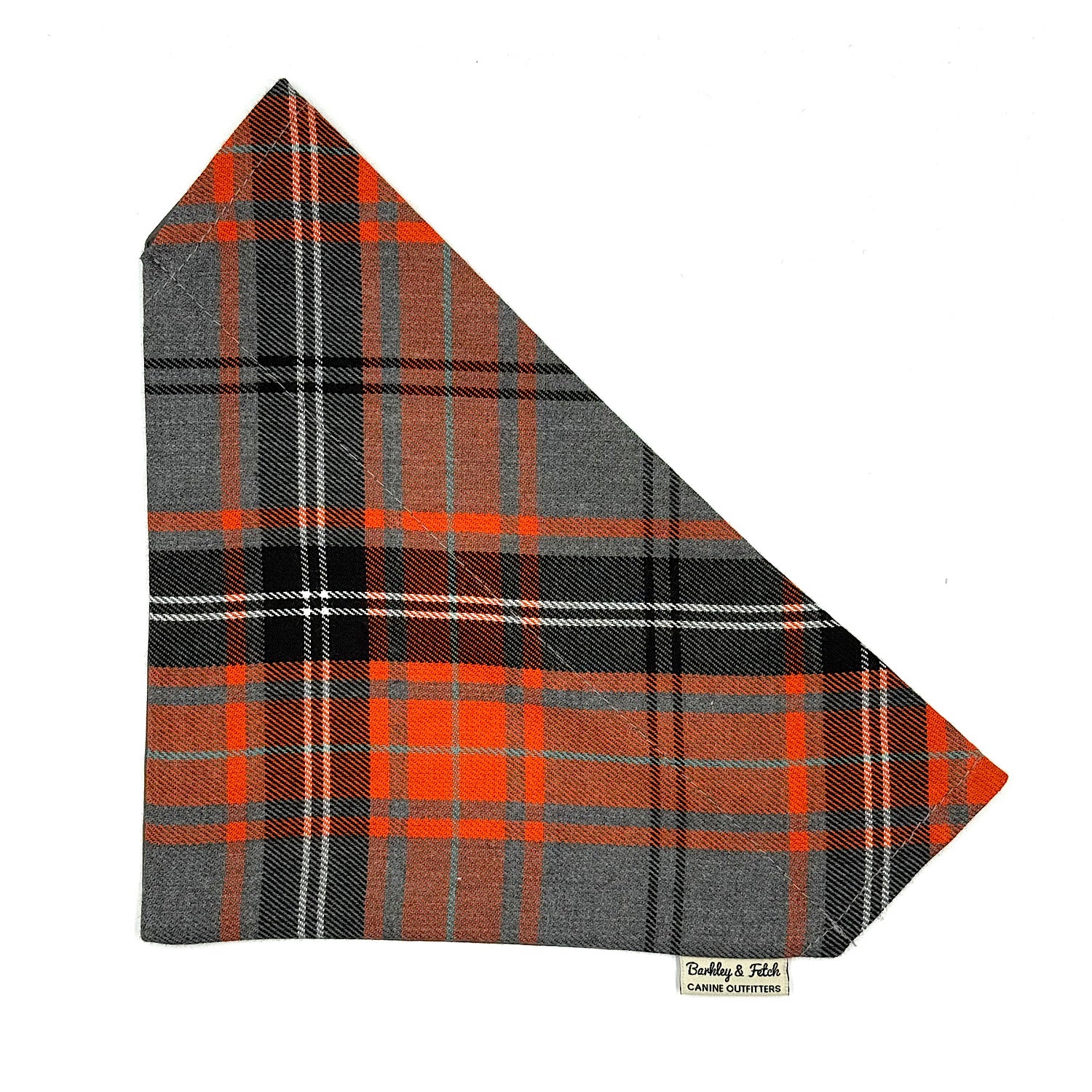 Plaid fabric triangle with red, gray, and black pattern on a white background