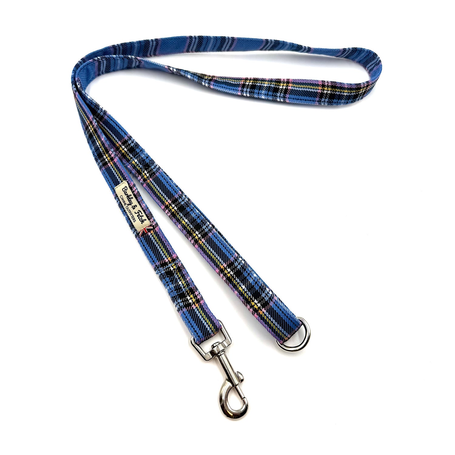 Blue plaid dog leash with metal clip on a white background