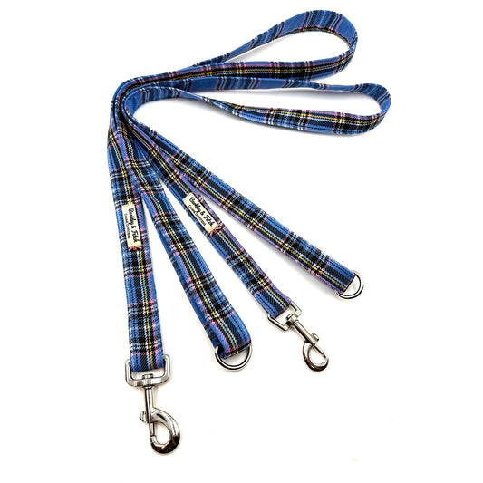 Blue plaid dog leash with metal clips on a white background