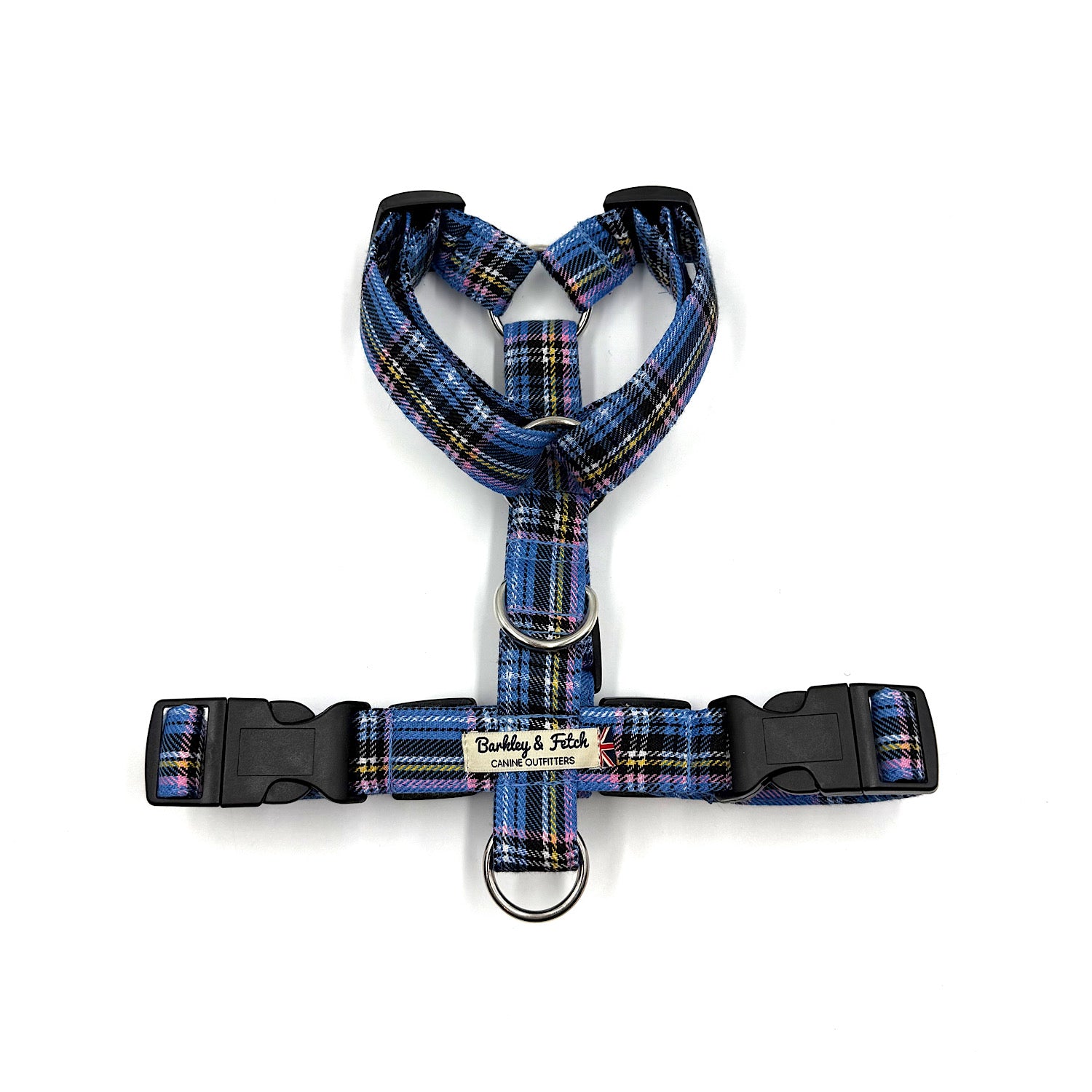 Blue plaid dog harness on a white background handmade in UK by Barkley And Fetch