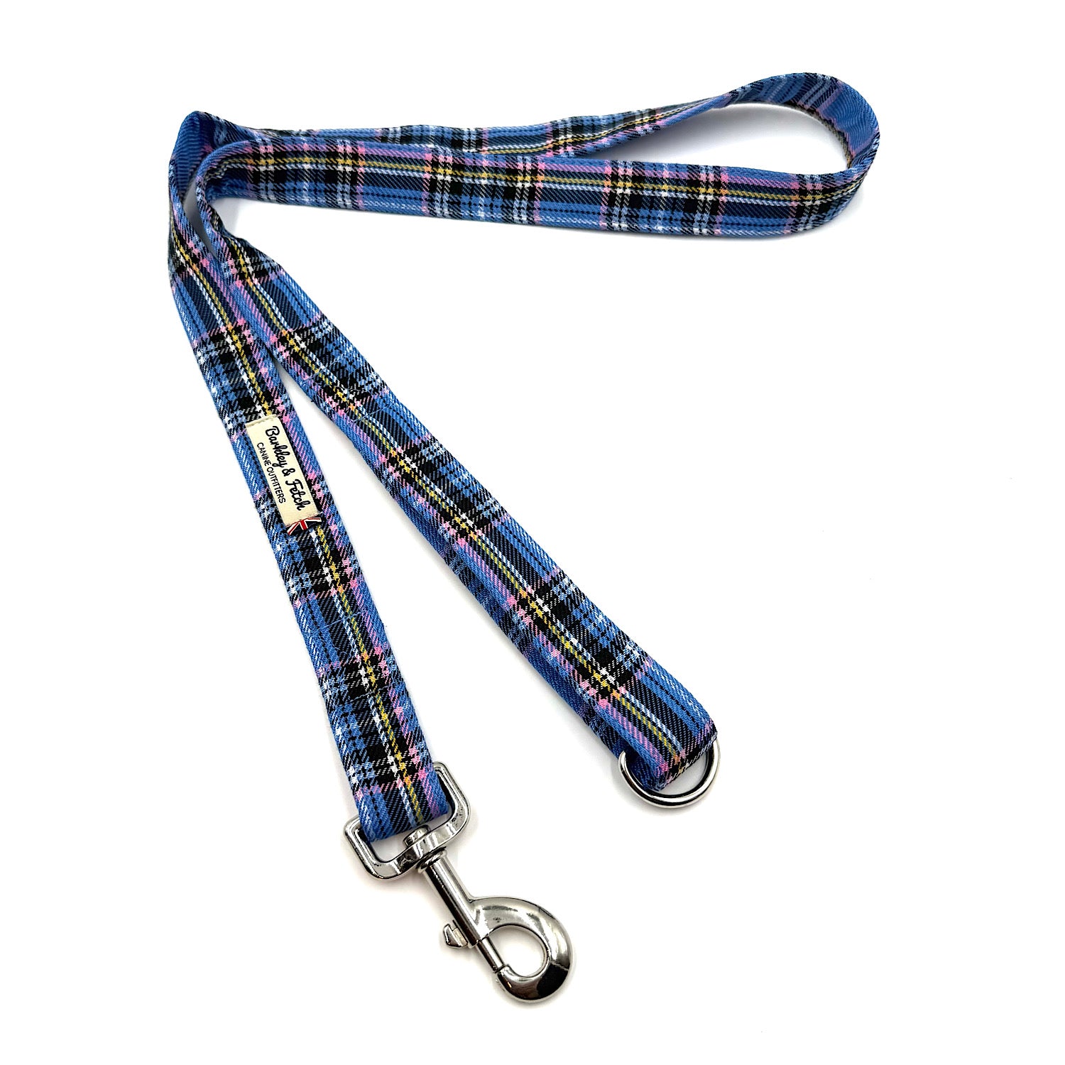 Blue plaid dog leash with metal clip on a white background