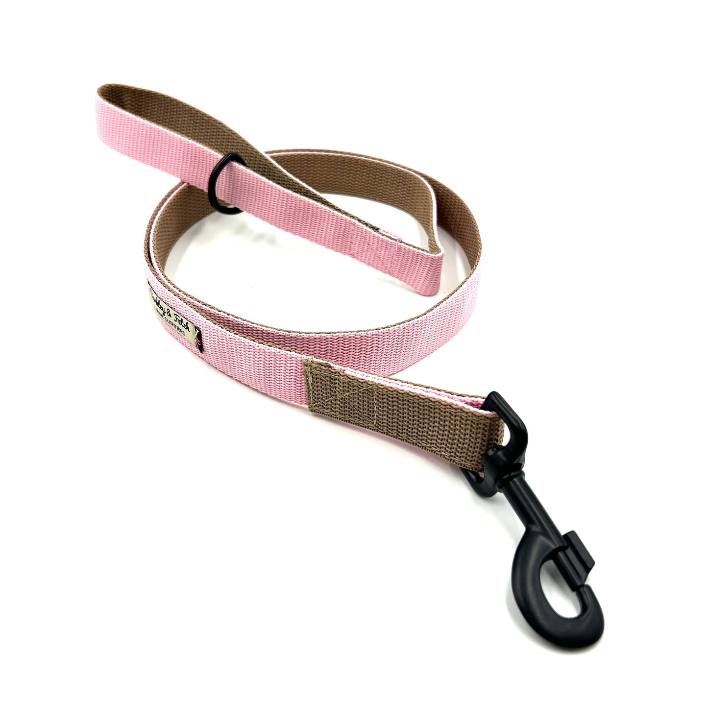 dog lead in pale pink and beige with a black clip on a white background handmade by barkley and fetch uk
