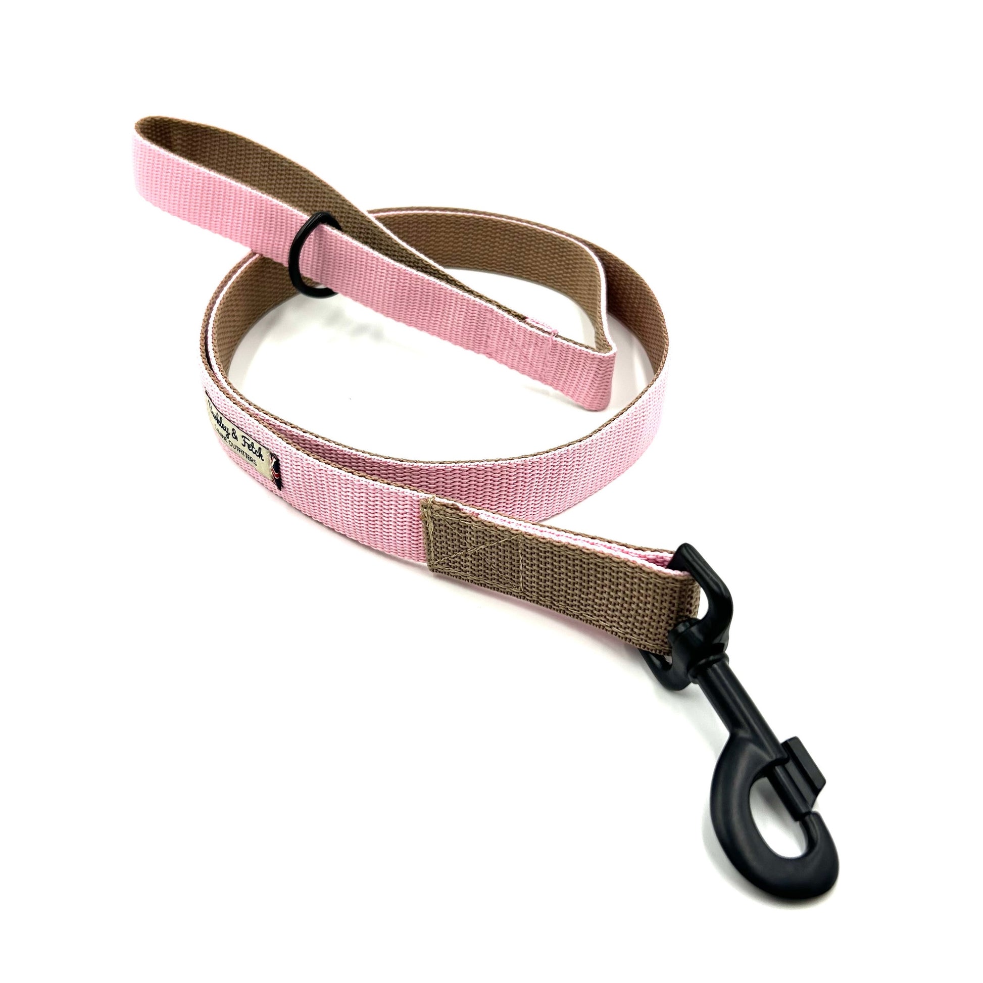 dog lead in pale pink and beige with a black clip on a white background handmade by barkley and fetch uk