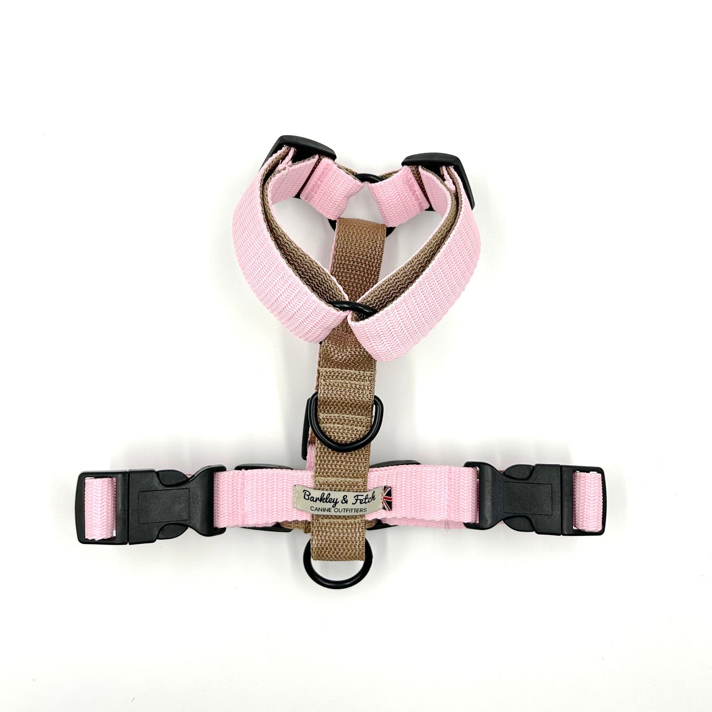 pale pink and beige dog harness on a white background handmade by barkley and fetch uk