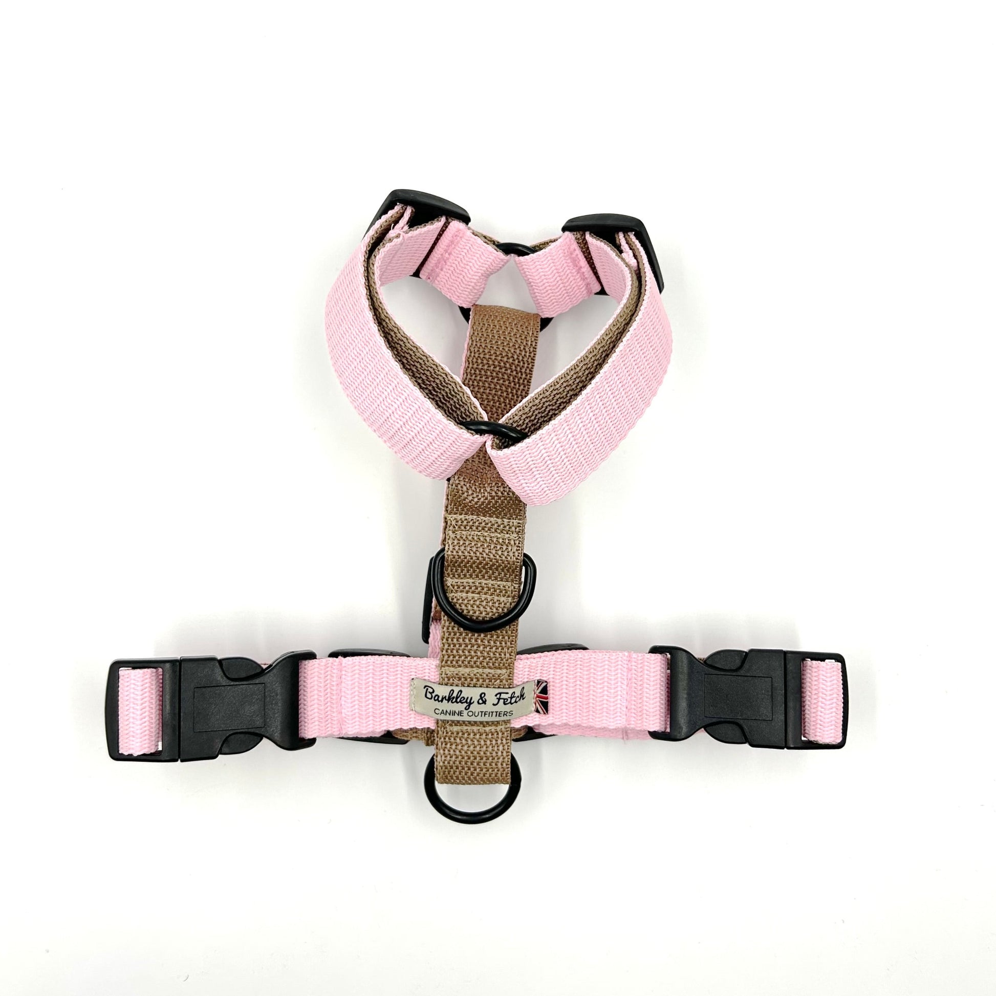 pale pink and beige dog harness on a white background handmade by barkley and fetch uk