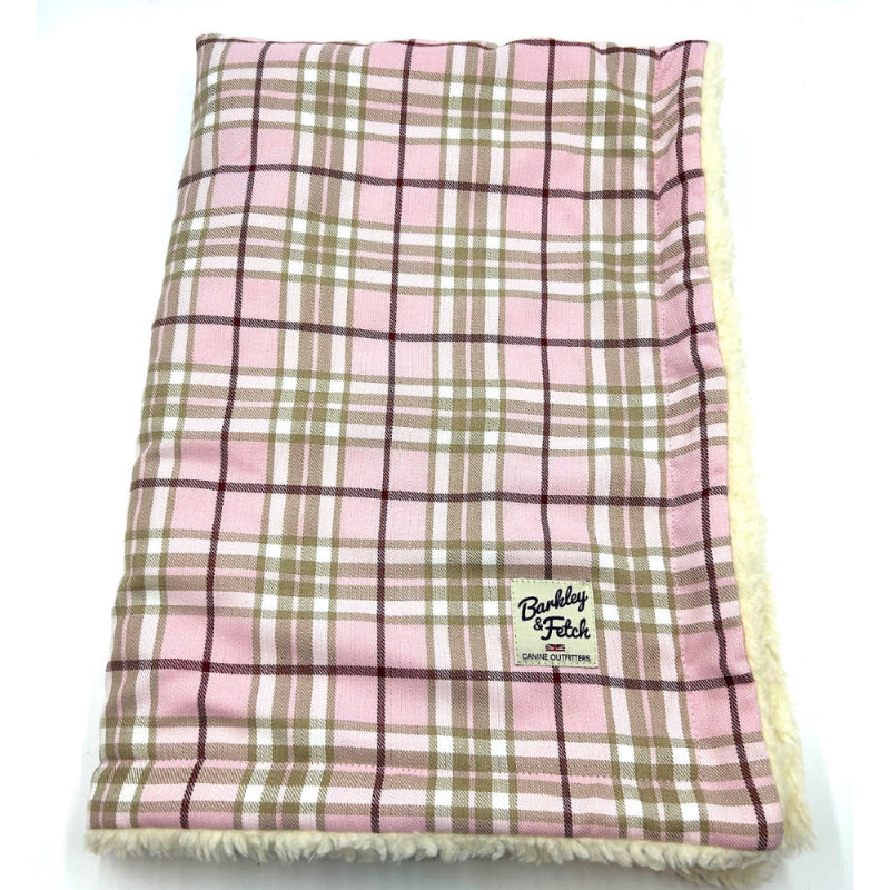 Plaid blanket with pink and green pattern on a white background handmade in uk by Barkley and Fetch