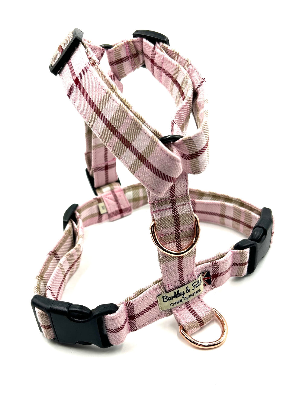 Pink plaid dog harness on a white background handmade by barkley and fetch uk