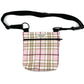 Pink and beige plaid bag with a black strap on a white background handmade by barkley and fetch uk