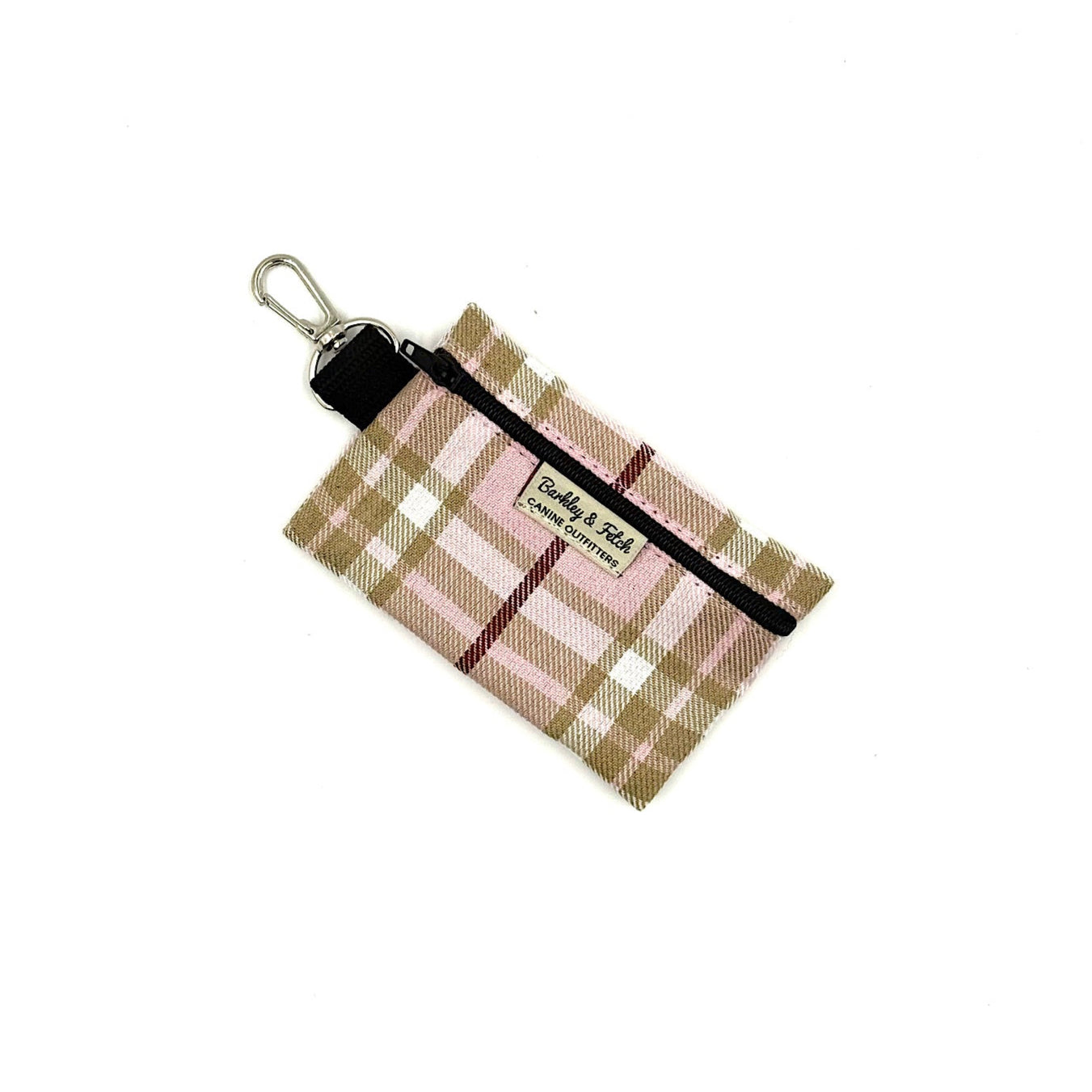 Plaid pouch with keychain attachment on a white background