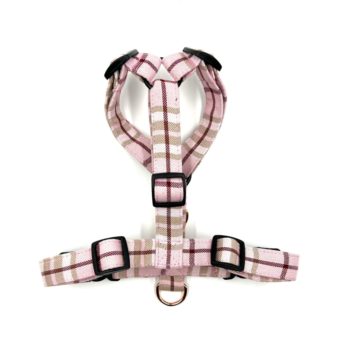 Pink plaid dog harness on a white background handmade by barkley and fetch uk