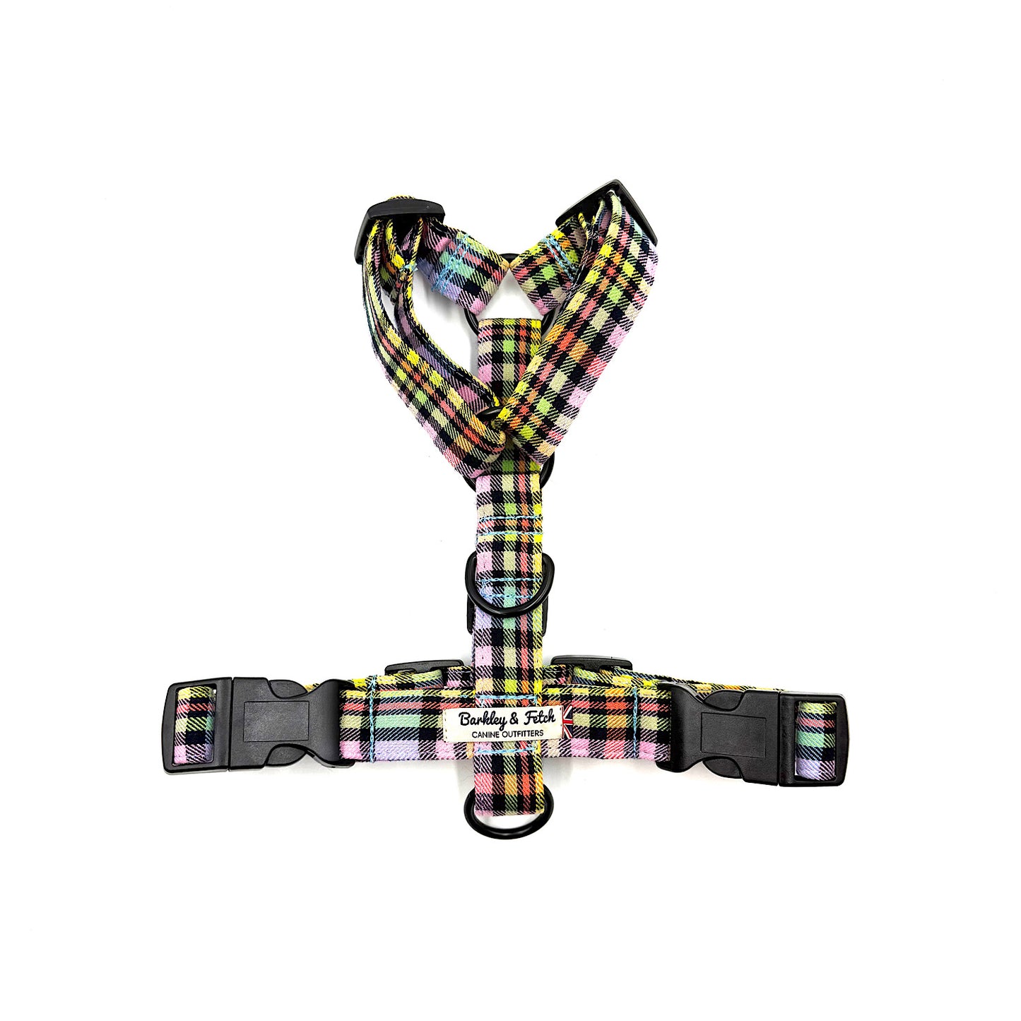 Rainbow Plaid dog harness on a white background handmade in UK by Barkley And Fetch