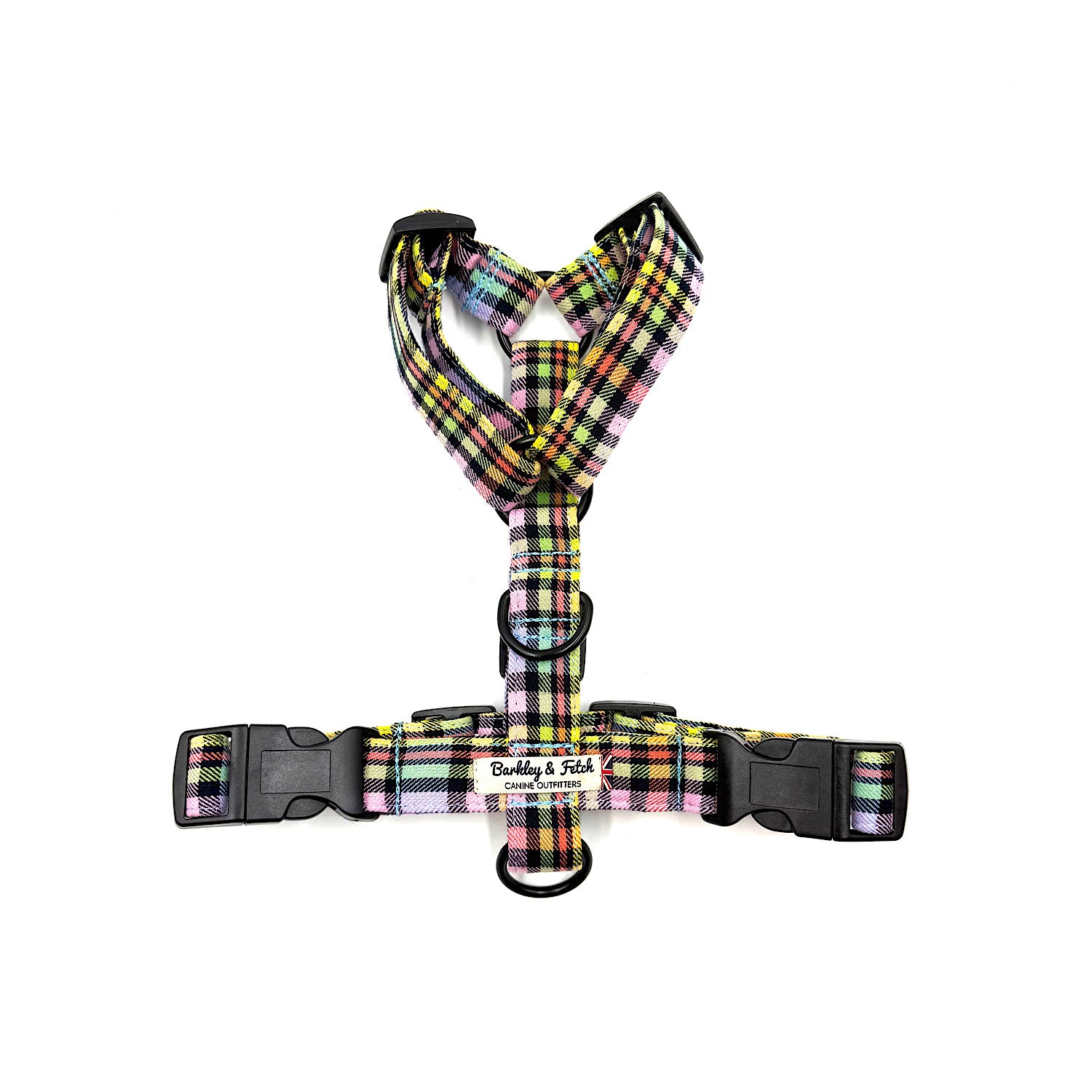 Rainbow Plaid dog harness on a white background handmade in UK by Barkley And Fetch
