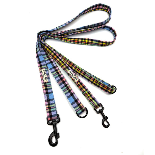 Plaid patterned dog leash on a white background