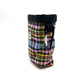 Plaid fabric pouch with black strap on a white background