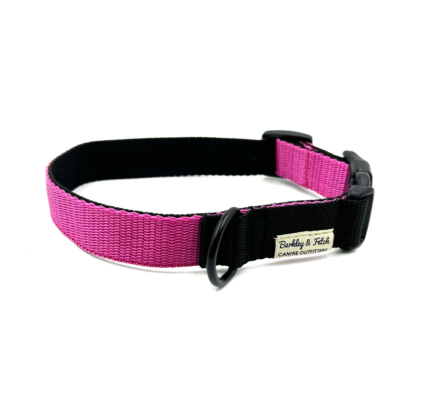 handmade pink and black colour block dog collar on a white background