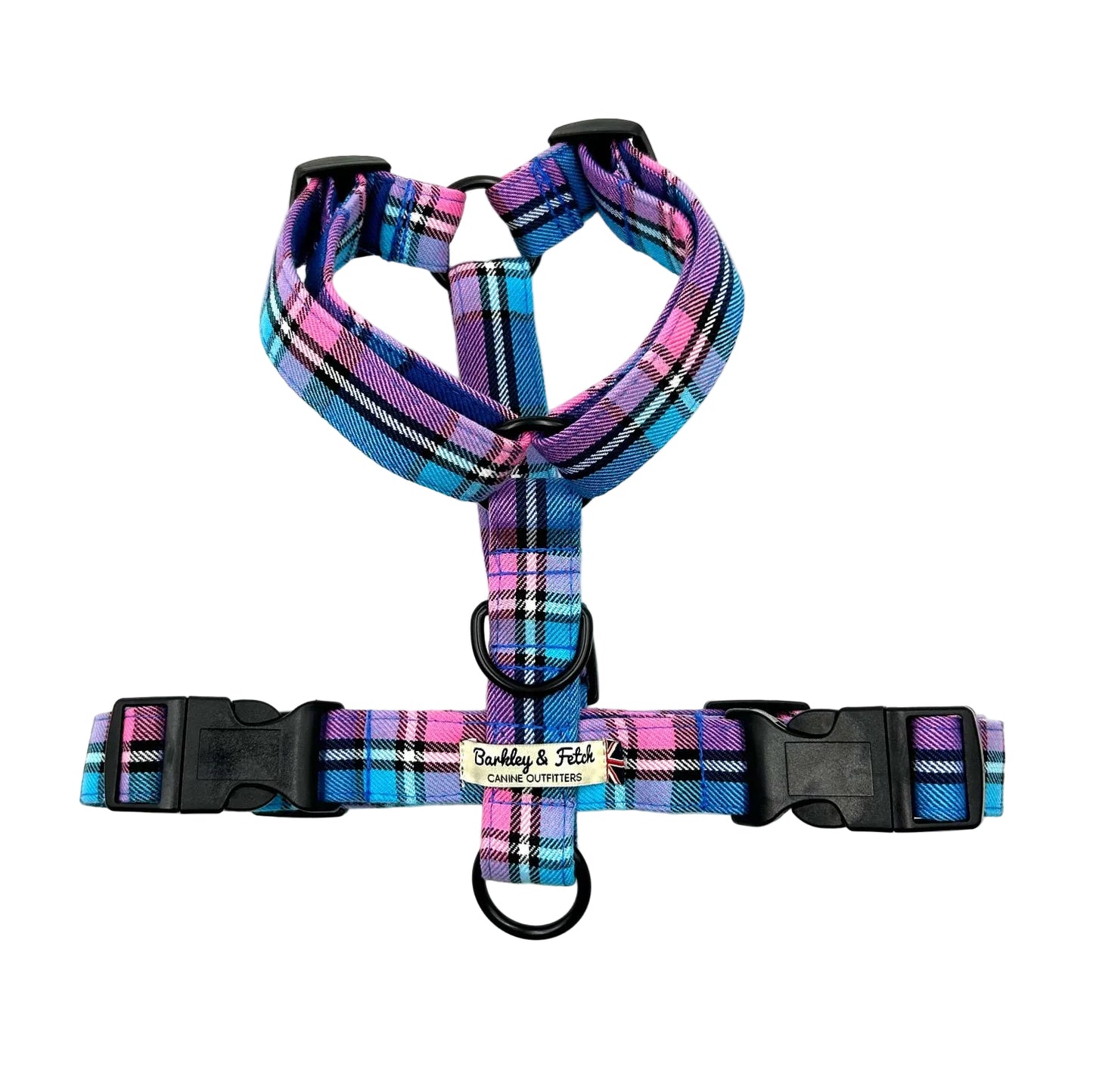 Plaid dog harness and leash set with visible brand on a white background handmade by Barkley and fetch UK