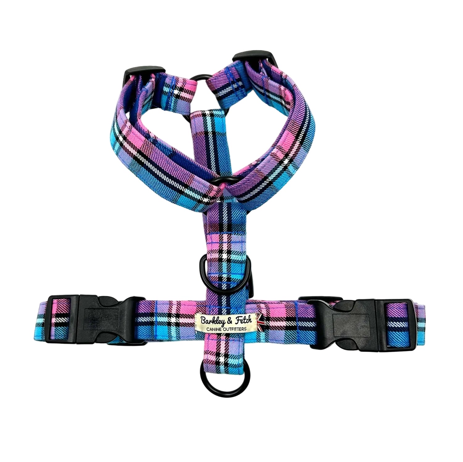 Plaid dog harness and leash set with visible brand on a white background handmade by Barkley and fetch UK
