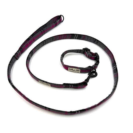 Dog leash with plaid pattern on a white background