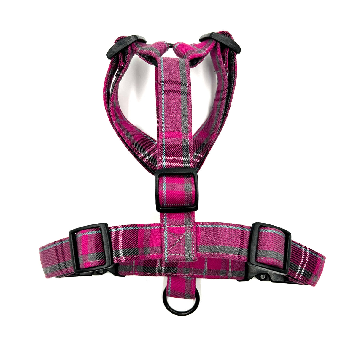 Pink plaid dog harness on a white background handmade in the UK by Barkley And Fetch