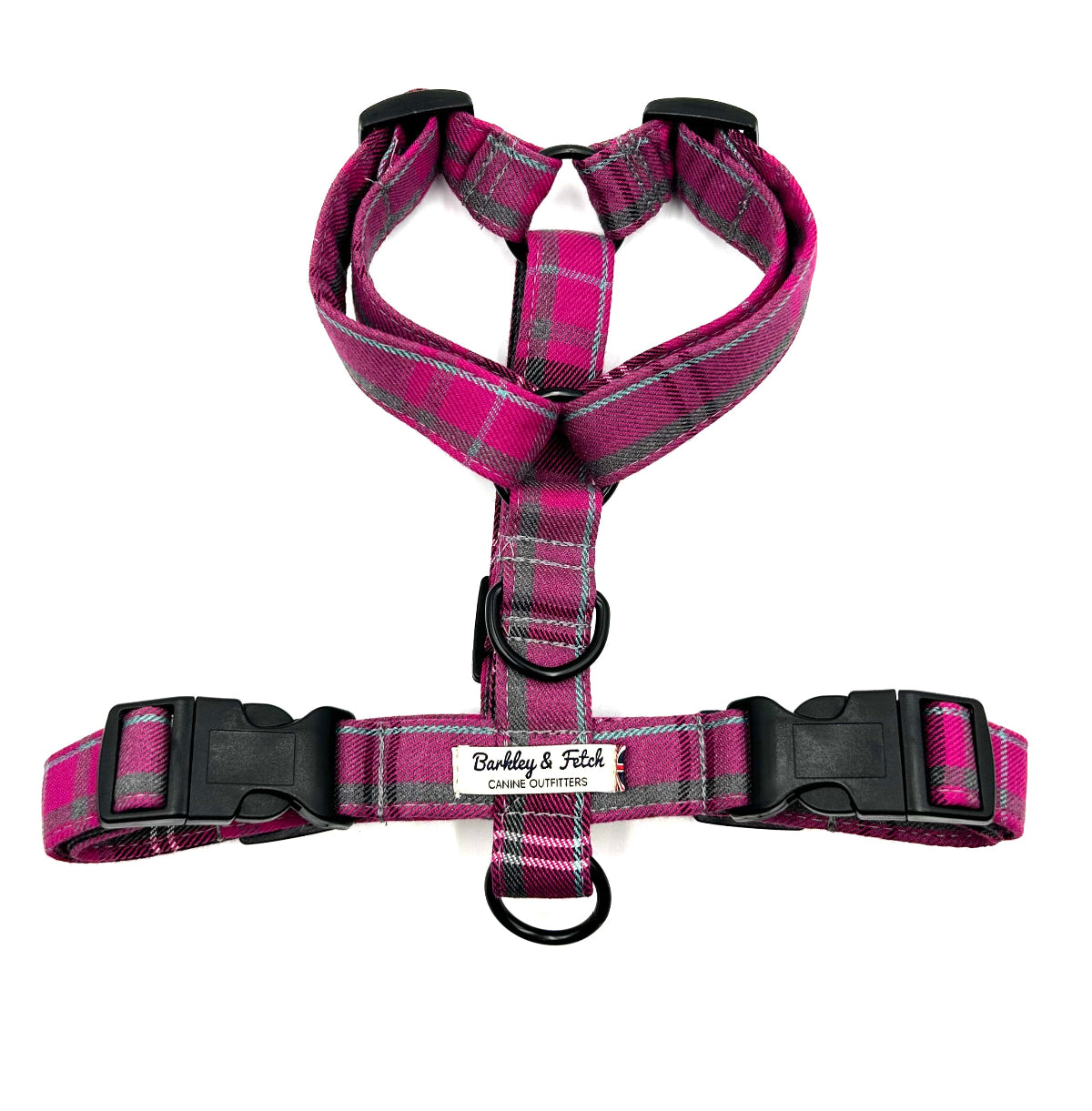 Pink and gray plaid dog harness on a white background handmade in the UK by Barkley And Fetch