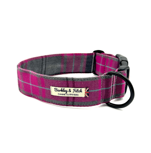 Plaid dog collar with a brand label on a white background