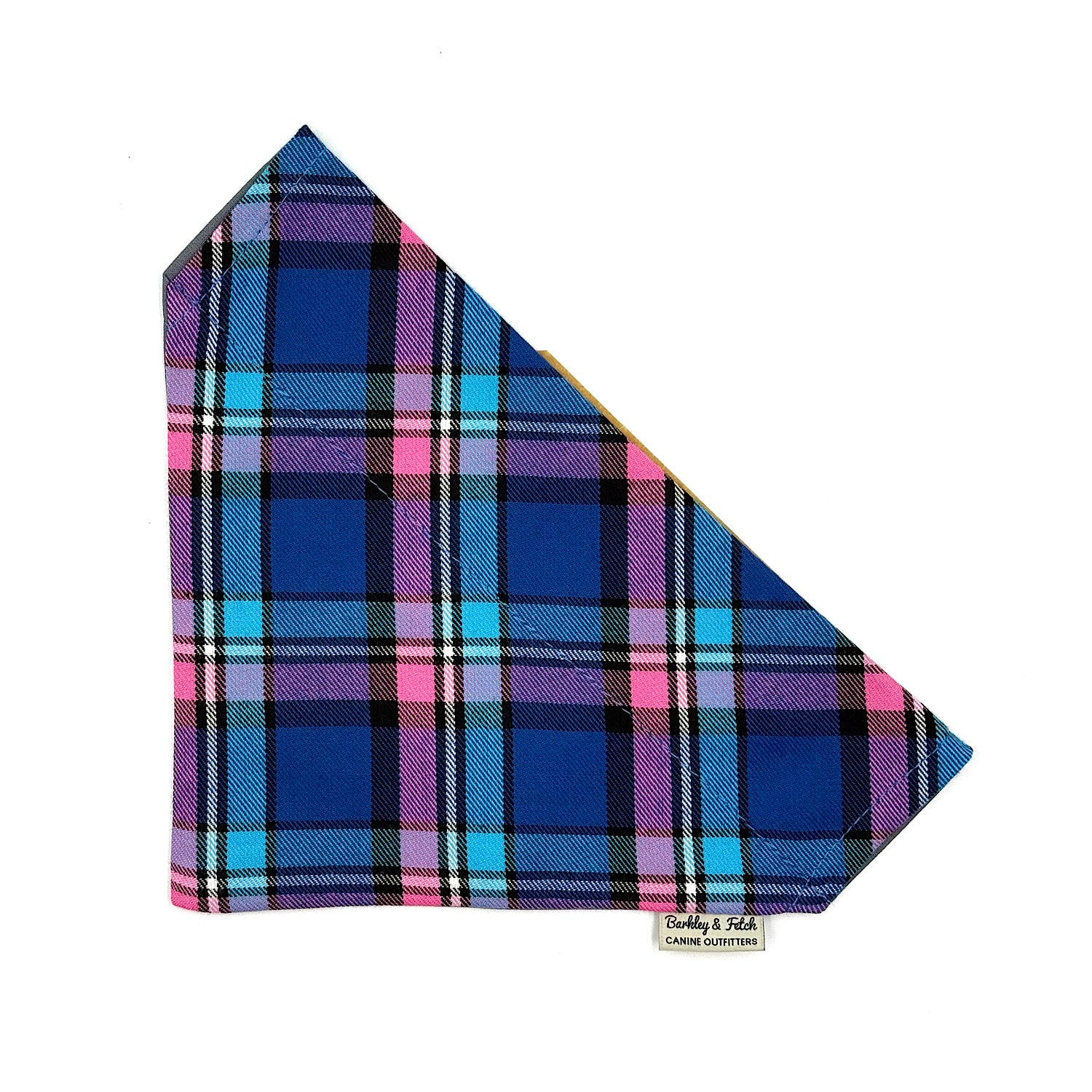 Plaid fabric with blue, pink, and purple colors on a white background