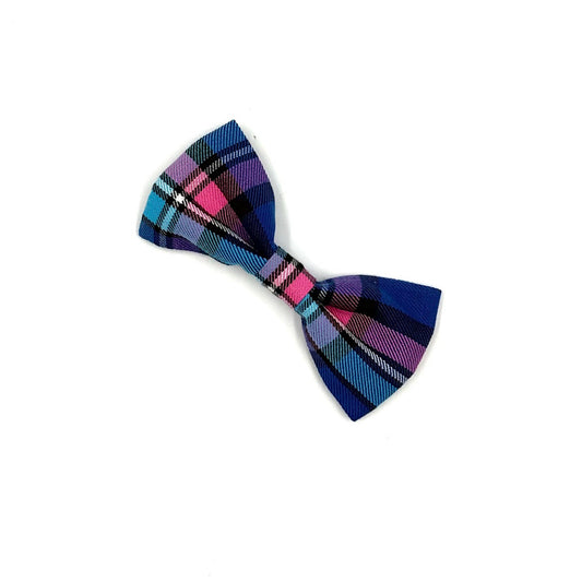 Plaid bow tie with pink, blue, and purple colors on a white background