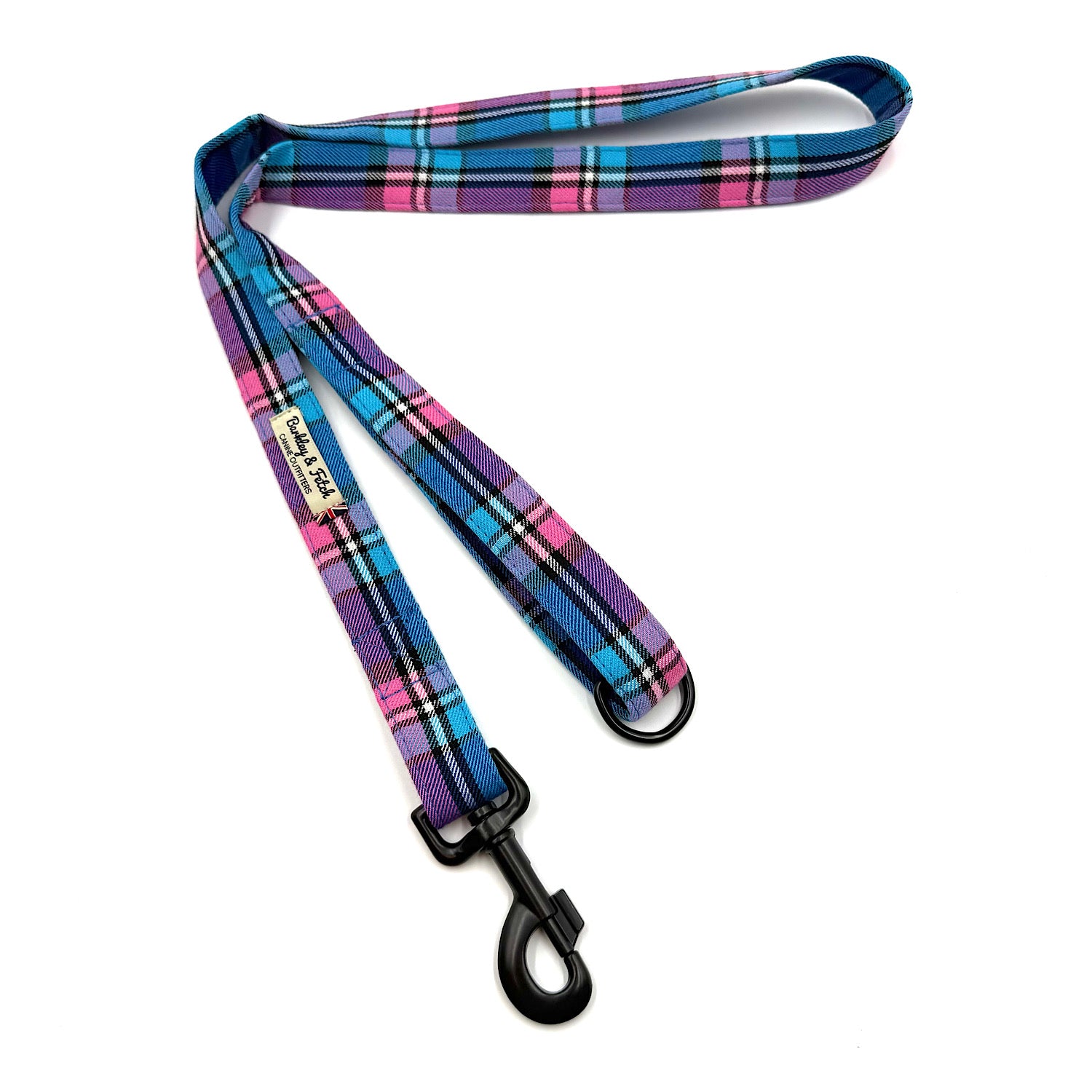 Plaid dog leash with purple and blue colors on a white background