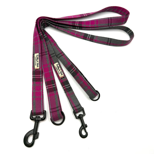 Plaid dog leash with black clip on a white background