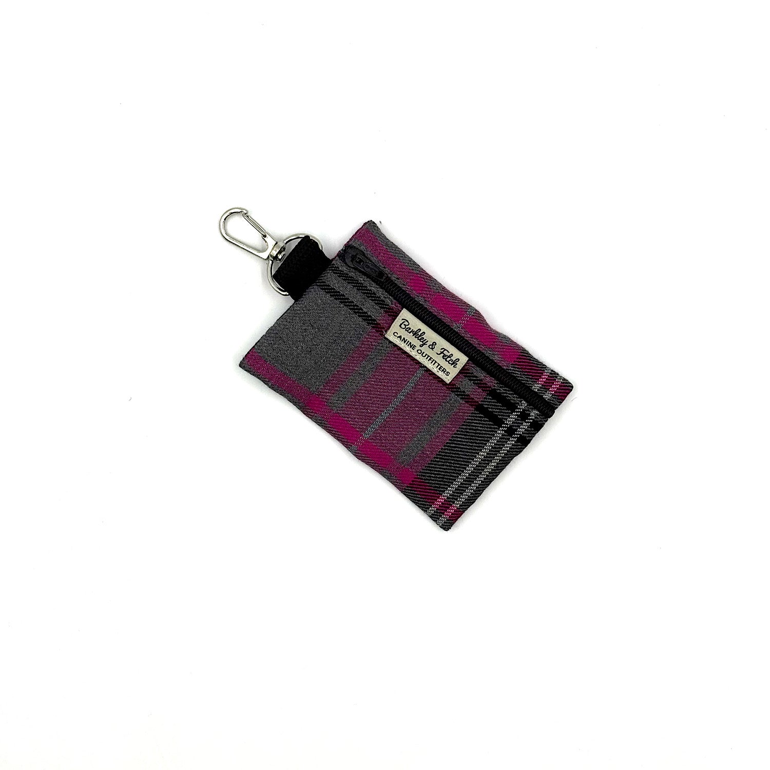 Plaid keychain pouch with a visible brand label on a white background