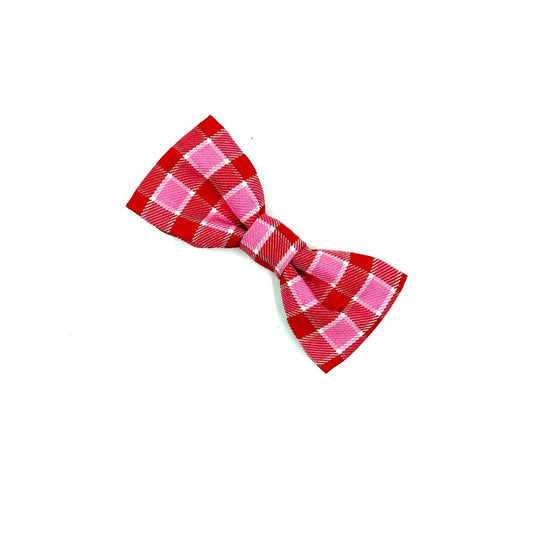 Red and pink checkered bow tie on a white background