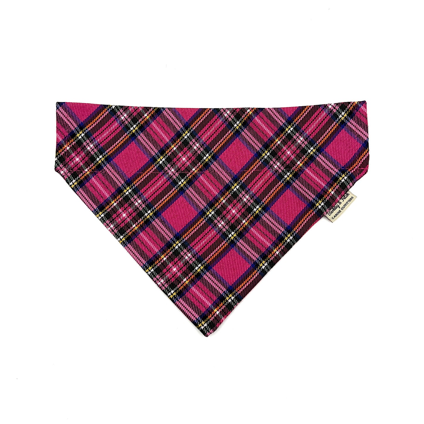 Plaid bandana with pink and red pattern on a white background