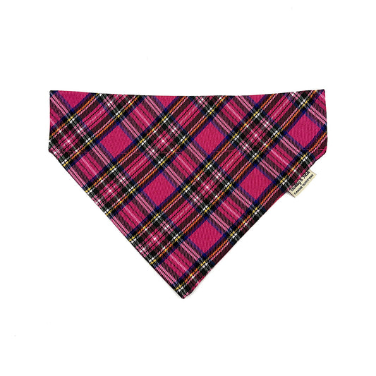 Plaid bandana with pink and red pattern on a white background