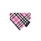 Pink and black plaid bandana with a visible brand logo on a white background handmade by Barkley And Fetch