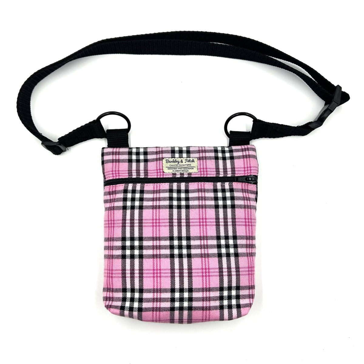 Pink plaid pouch with black strap on a white background handmade by Barkley and Fetch UK