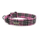 Pink and black plaid dog collar on a white background