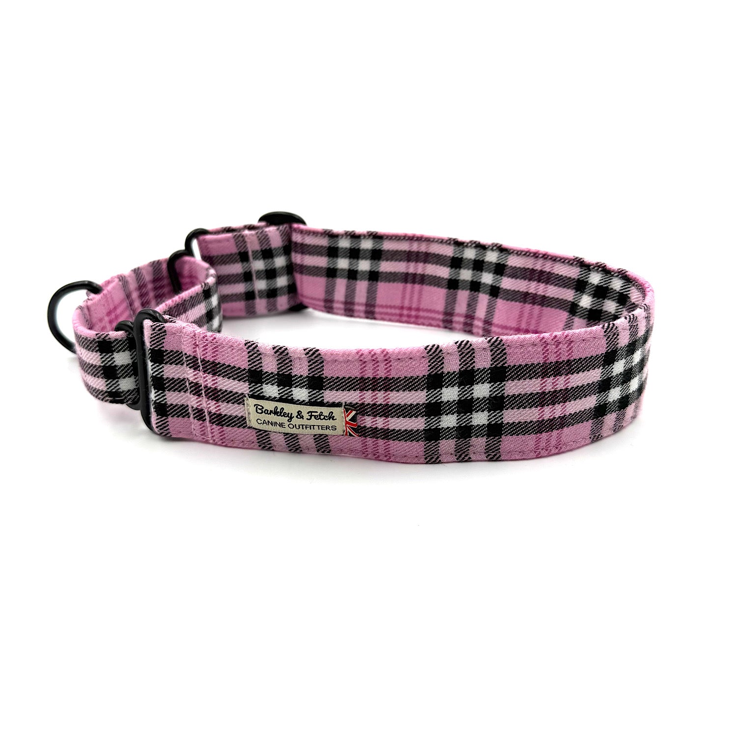 Pink and black plaid dog collar on a white background