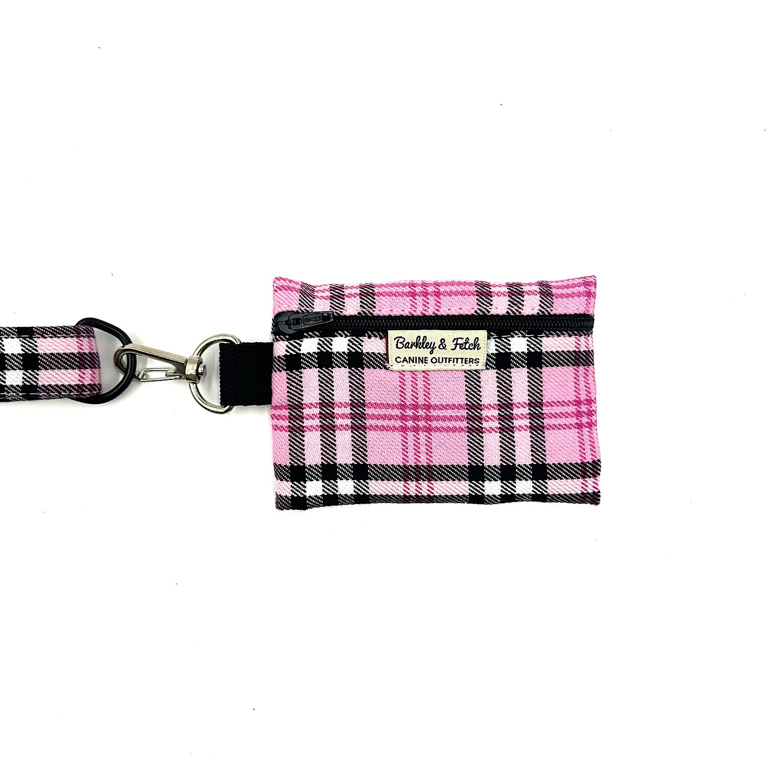 Pink plaid keychain with a black strap on a white background