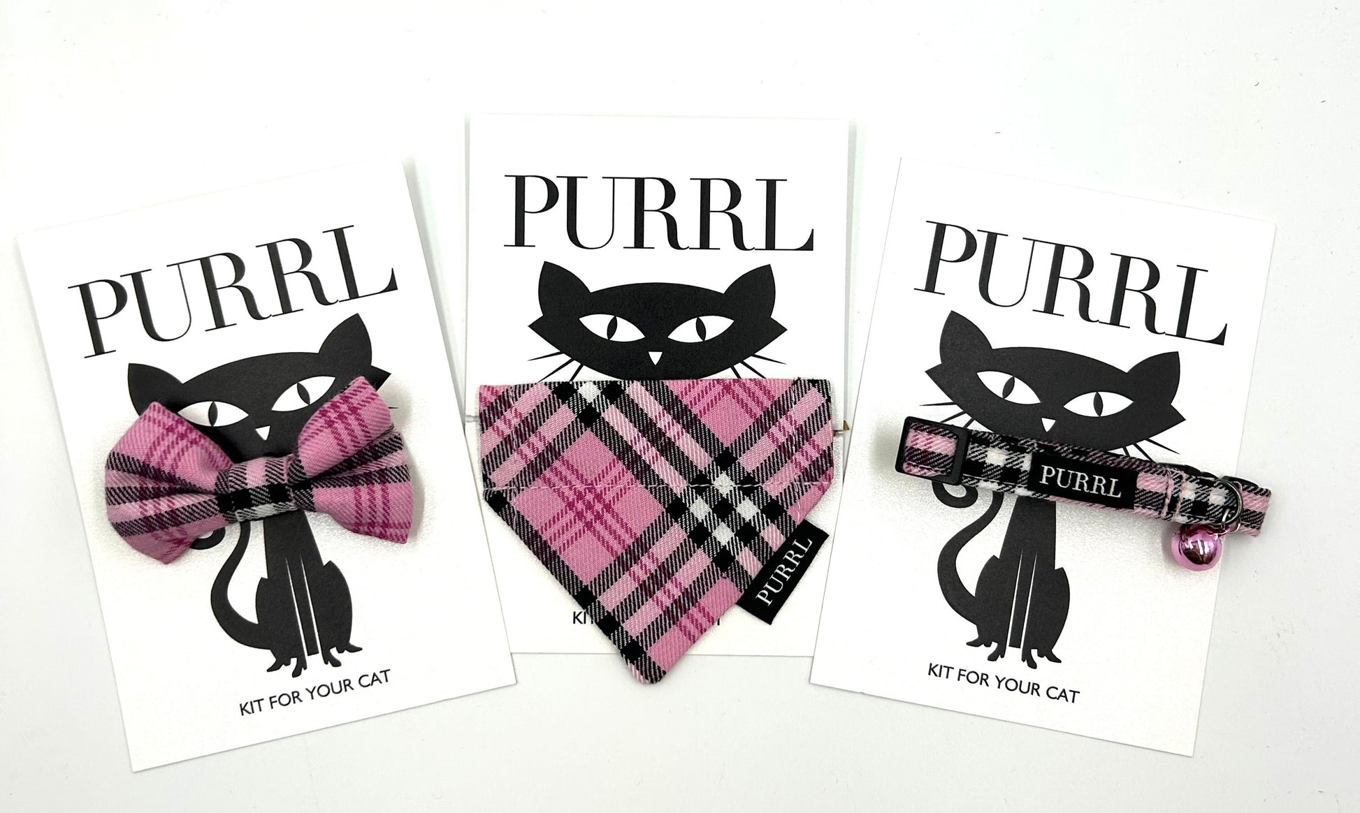Cat accessories  by PURRL on a white background, handmade by Barkley and Fetch