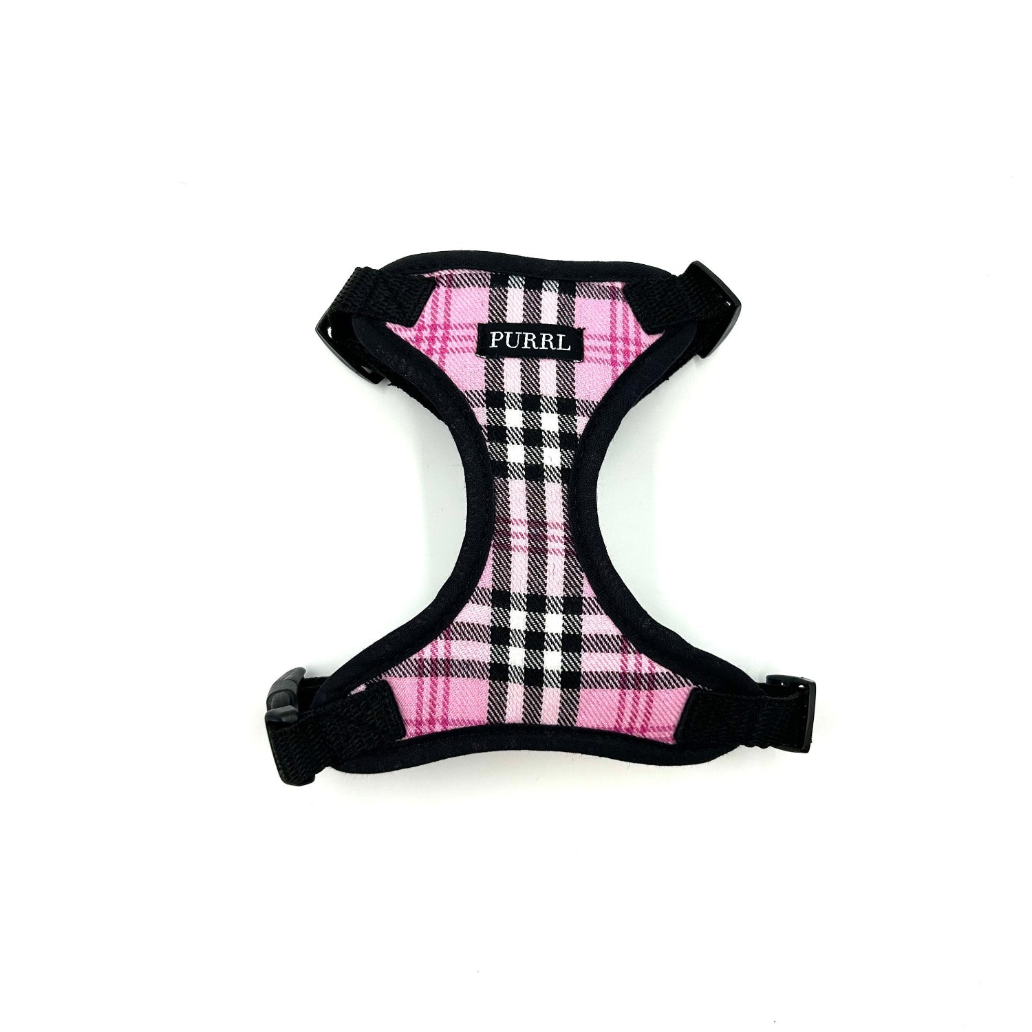 Pink plaid catt harness with black straps on a white background handmade by Barkley And Fetch