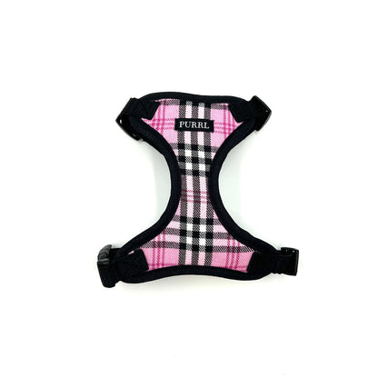 Pink plaid catt harness with black straps on a white background handmade by Barkley And Fetch