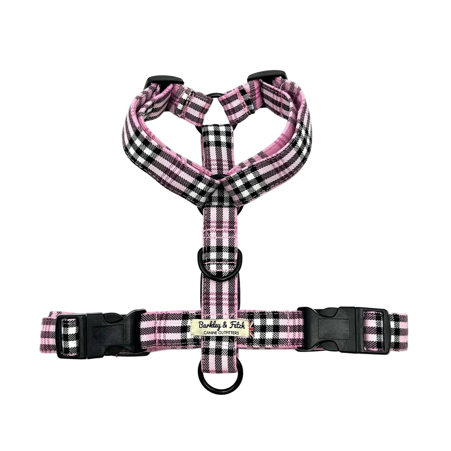 Pink and black checkered dog harness on a white background handmade by Barkley and fetch UK