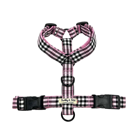 Pink and black checkered dog harness on a white background handmade by Barkley and fetch UK