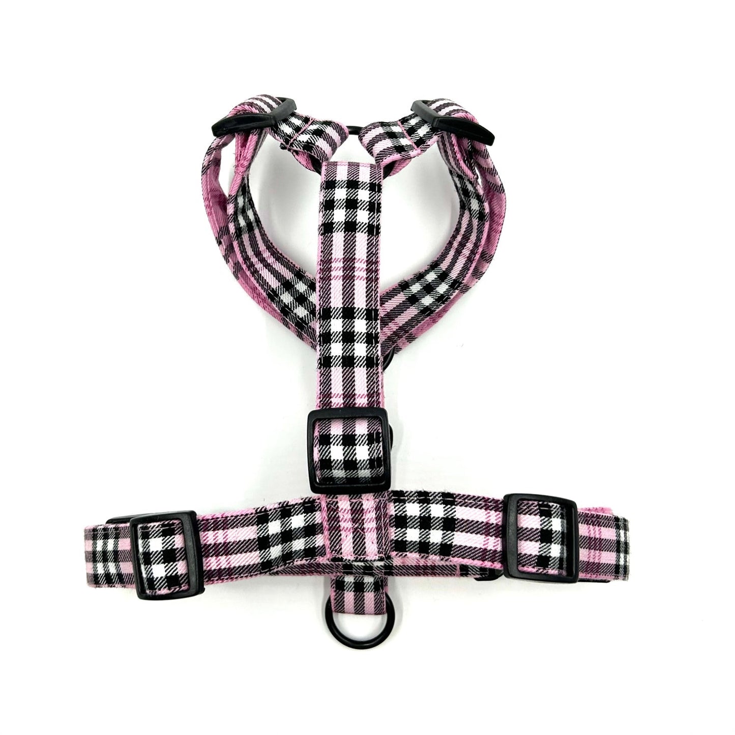 Plaid dog harness with pink and black pattern on a white background handmade by Barkley and fetch UK