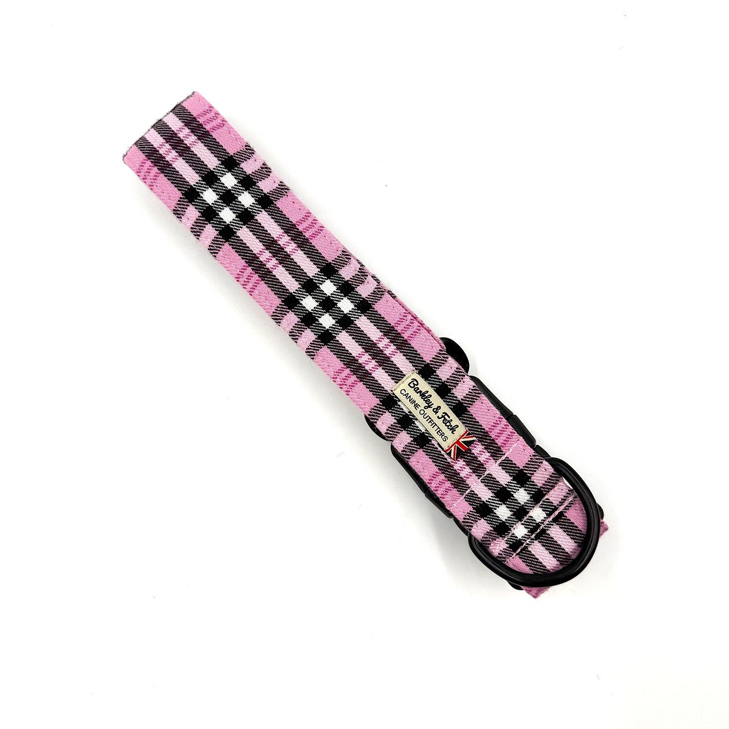 Pink and black plaid dog collar on a white background