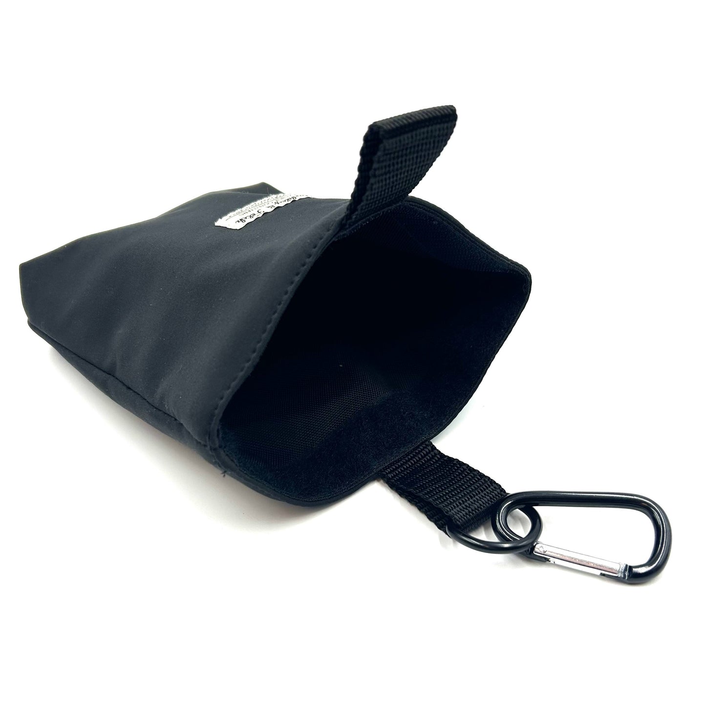 black pouch designed for carrying full poo bags for dogs on a white background handmade by barkley and fetch uk